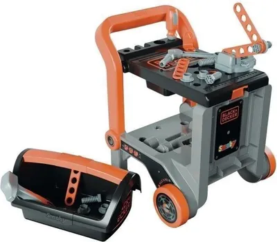 Produktbild von Werkbank 3 in 1 Black+Decker Smoby, Schubkarre, Sackkarre, 18 Zubehörteile, Rollenspielzeug, Ab 3 Jahren