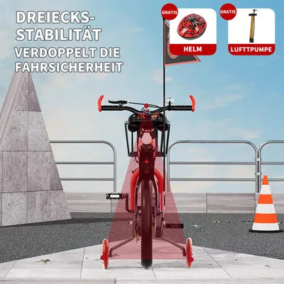 Produktbild von Habib Kinderfahrrad 12 14 16 Zoll | Stützräder Korb Helm & Luftpumpe im Set: Rot / 12 zoll