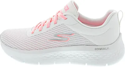 A side view of a white and pink Skechers GO WALK FLEX women's sneaker against a white background.
