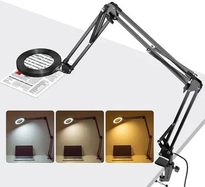 Zdjęcie produktu dla Lupa LED z regulowaną jasnością, wyposażona w soczewkę szklaną 10x/15x, elastyczny ramieniem składającym się z 3 segmentów, metalowym zaciskiem do montażu (do 50 mm), zasilaniem USB oraz 3 trybami oświetlenia, idealna do hobby i precyzyjnych prac