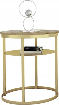 Zdjęcie produktu dla Okrągły Stolik Kawowy z Półką Do Salonu Loft 55 cm Metal Złoty+Dąb Artisan
