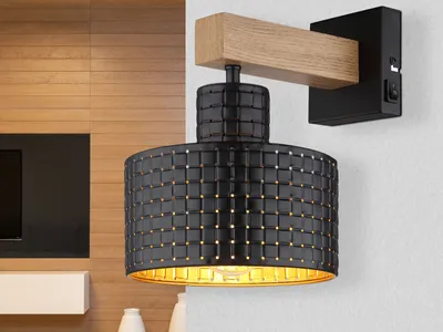 Produktbild von Industriedesign LED Wandlampe Hängeleuchte mit Holz & Lampenschirm Schwarz Gold