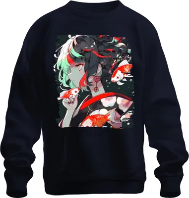 Immagine prodotto di Anime Girl in Kimono Koi Carp Japanese Art Illustration Unisex Felpa Pullover, Navy, XL