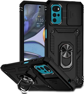 Image de Etui pour Motorola Moto G22 2022 étui double couche avec couvercle coulissant pour l'appareil photo et anneau de support noir