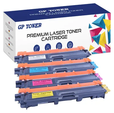 A box of GP TONER premium laser toner cartridges, with several cartridges stacked in front of it.