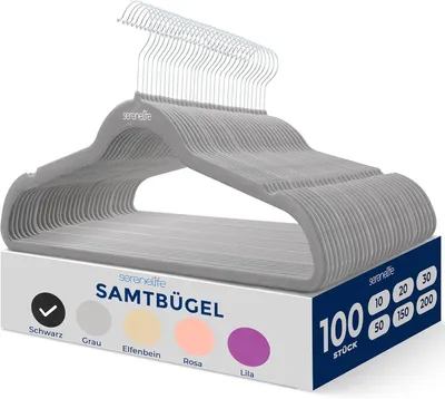 Produktbild von SereneLife Graue Kleiderbügel Samt 100 Stück, Kleiderhaken für Aufbewahrung & Organisation, Bügel rutschfest & Platzsparend, 360° drehbarer Haken
