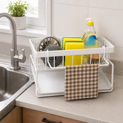 Productafbeelding van Spoelbakorganizer met automatische afvoer, houder voor sponsen en doekjes, wit, geschikt voor keuken en badkamer
