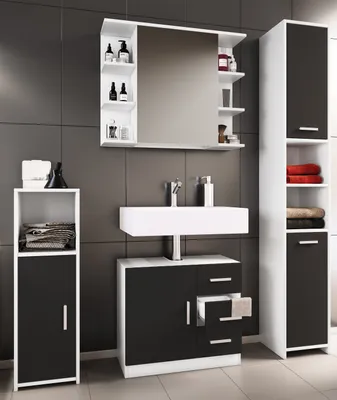Produktbild von VCM 4-tlg. Badmöbelset | Badmöbel | Set aus Unterschrank, Midischrank, Hochschrank und Spiegelschrank | Badezimmermöbel - Zalo III