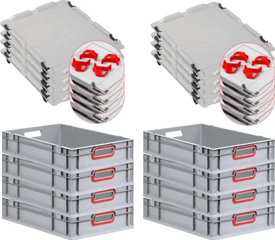 Produktbild von SuperSparSet 8x Eurobox NextGen Color mit Auflagedeckel und Schiebeschnappverschlüsse | HxBxT 12x40x60cm | 23 Liter | Grau | Griffe rot offen | Glatter Boden | Eurobehälter, Transportbox, Transportbehälter, Stapelbehälter