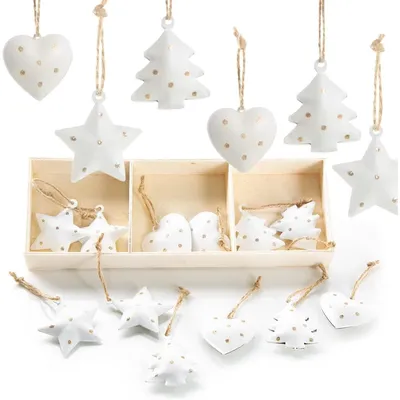 Produktbild von 18 kleine Weihnachtsanhänger aus Metall - weiß Gold gepunktet