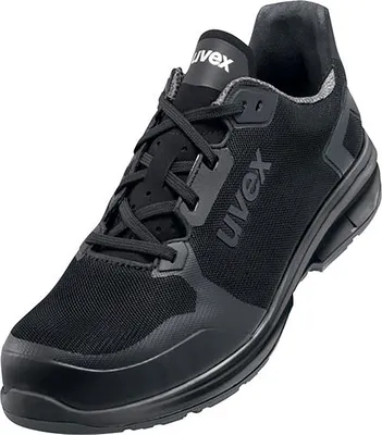 A black uvex 1 sport safety shoe is shown from a three-quarter angle against a white background.