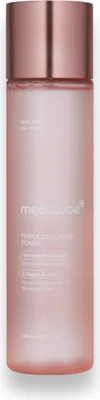 A product shot of a pink toner bottle with a rose gold cap.