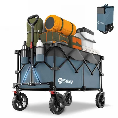 Produktbild von Sekey XXL 200KG Belastbar Bollerwagen Faltbar mit Spanngurte, 17x4 cm Reifen, Blau und Grau
