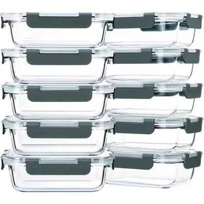 Produktbild von 10er Set Glasbehälter mit Deckel für Meal Prep, Frischhaltedosen in Grau, mikrowellen-, ofen-, kühlschrank- & spülmaschinenfest, Lunchbox aus Glas