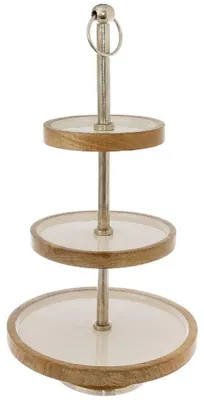 Zdjęcie produktu dla Casa Padrino etażer srebrny / biały / naturalne kolory Ø 30 x wys. 57 cm - Dekoracyjna mała okrągła 3-poziomowa misa do serwowania z uchwytem