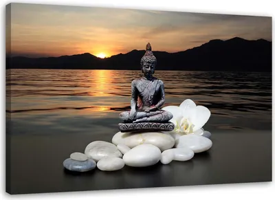 Produktbild von Leinwandbild buddha vor einem hintergrund mit sonnenuntergang 90x60 cm Feeby braun wandbild bereit zum aufhängen