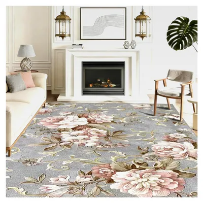 Produktbild von Waschbarer Teppich Grau Kurzflor 70x140cm Vintage Weich Rutschfest Rosa Blumen Blätter Muster für Schlafzimmer, Küche, Flur, Eingangsbereich, Waschküche