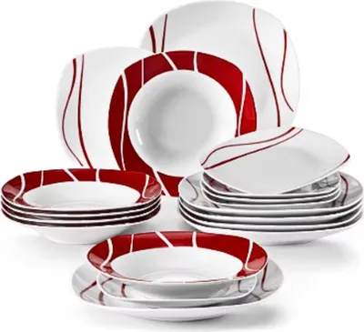 Immagine prodotto di Servizio piatti Regales – 6 persone – 18 pezzi – Bianco/Rosso – Vetroceramica – Servizi da tavola