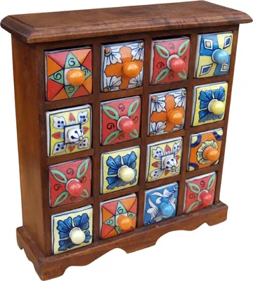 Produktbild von Apothekerschränkchen mit Bunten Keramik Schubfächern, Gewürzkiste - 4*4 Fächer, Braun, Holz, 32*32*10 cm, Dosen, Boxen & Schatullen