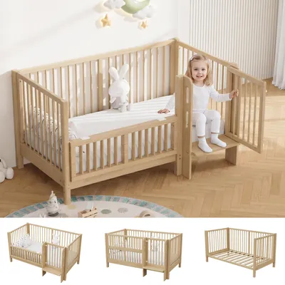 Produktbild von Merax Babybett 140x70 cm, multifunktionales Kinderbett aus Massivholz, umwandelbar in Anstellbett, mit Schutzgeländer, Sicherheitsverschluss, Natur