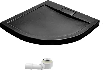 Produktbild von ECOLAM Duschwanne Duschtasse flach A-Besco Viertelkreis 80x80 x4,5 cm Tiefe 2,5 cm R55, Acryl schwarz+ Siphon Steinoptik bodenebene Montage möglich Stone Efffect Stein Effekt