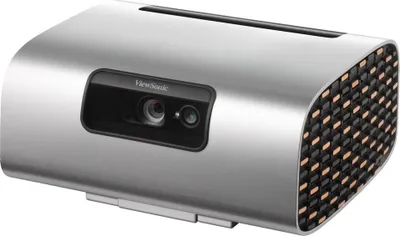 A silver projector with a black front panel and copper-colored accents on the side.