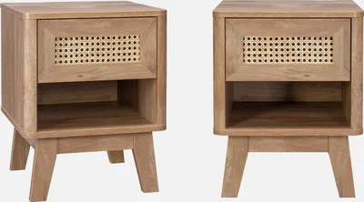 Two wooden nightstands with a drawer and a niche, set against a white background.