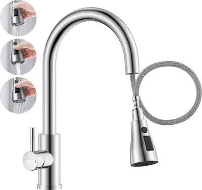Obrázek produktu pro Kuchyňská baterie s výsuvnou sprškou – 3 funkce – otočná o 360 stupňů – z broušené oceli