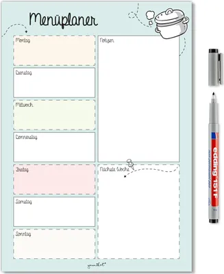 Produktbild von Menüplaner in DIN A4 I Whiteboard Essensplaner für die ganze Woche I abwischbar I türkis I mit magnetischer Rückseite I dv_524