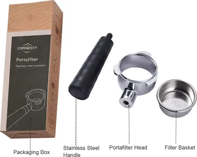 Imagen del producto de Cesta de filtro para portafiltro Cornesty de 54 mm, sin fondo, con 3 orejas, de acero inoxidable. Pieza de repuesto, incluye cesta, mango para portafiltro y cepillo de limpieza con cucharilla. Compatible con máquinas Breville 450, 820, 840, 870, 875, 878, 879 y 880
