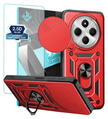 A red and black phone case with a screen protector, displayed from multiple angles.