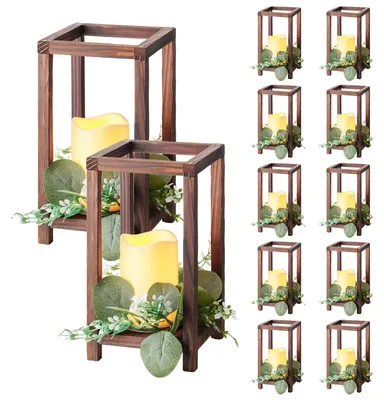 Imagen del producto de VEVOR Faroles de Madera para Bodas 12 Juegos con Velas LED y Coronas de Flores, Farolillos para Velas 140 x 140 x 254,8 mm, Candelabros para Decoración Rústica de Mesa de Boda, para Fiestas, Marrón
