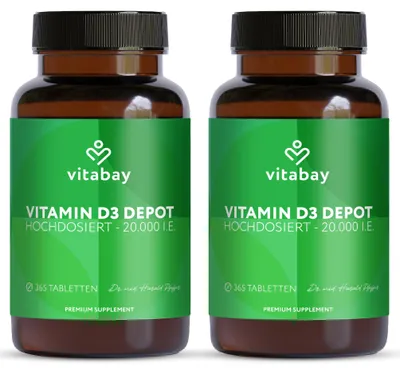 Produktbild von Vitabay Vitamin D3 Depot 20.000 I.E. – 730 vegane Tabletten – hochdosiert & vegan – ohne Zusatzstoffe – labor – Vorrat für sehr lange Zeit