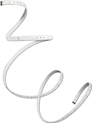 A white LED strip light is shown coiled and draped against a white background.