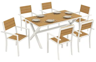 Produktbild von Gartenmöbel Set Sitzgruppe 7-teilig Tisch mit 6 stapelbare Stühlen Holzoptik Aluminiumrahmen Teak