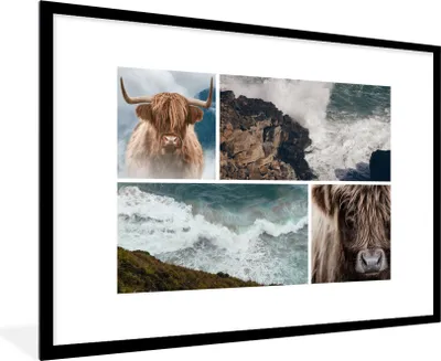 Produktbild von MuchoWow® MuchoWow® Gerahmtes Poster Collage - Schottisches Hochlandrind - Meer 90x60 cm - Poster mit zchwarzem Bilderrahmen - Wanddekoration - Fotos