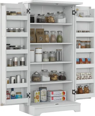 Image de HOMCOM Buffet cuisine, armoire de cuisine, vaisselier, 5 niveaux, avec portes et étagères réglables, 60 x 40 x 120 cm, grain de bois, crème