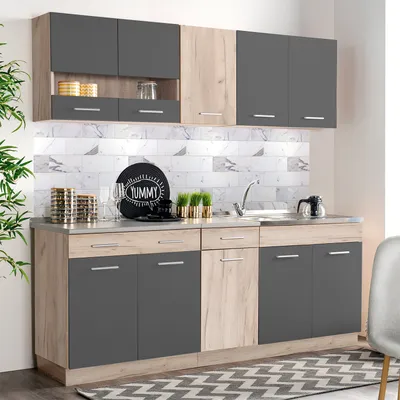Produktbild von Homestyle4u Küche Küchenblock 200 cm Grau Eiche Küchenzeile ohne Geräte Einbauküche Singleküche