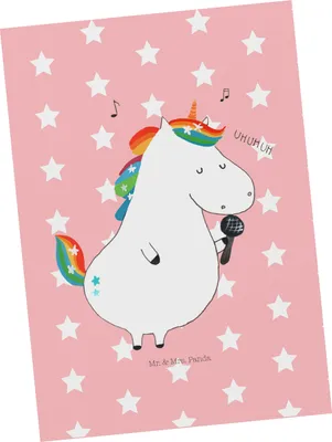 Produktbild von Mr. & Mrs. Panda Ansichtskarte Einhorn Sänger - Rot Pastell - Geschenk, Geburtstag, Party, bildkarte, Grußkarte, Fest, Ansichtskarten, Postkarte, Freundin, Disco, Unicorn