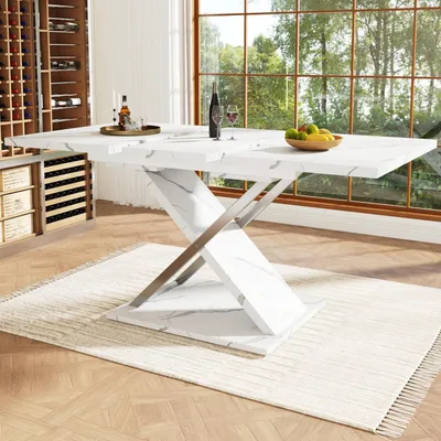 Image de Table extensible, dimensions 118-157 x 75 cm, en MDF imitation marbre, pieds en forme de croix