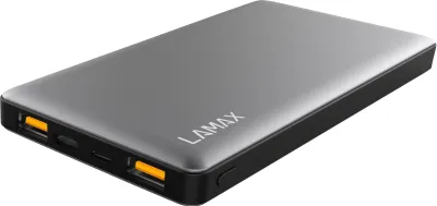 A gray power bank with black accents and orange USB ports is shown against a white background.