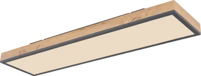 A rectangular ceiling light with a wood-like frame and a cream-colored diffuser.