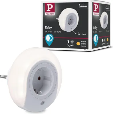 A product shot of a Paulmann Esby night light with its packaging.