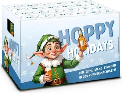 An advent calendar box for beer with an illustration of an elf holding a beer bottle and glass.