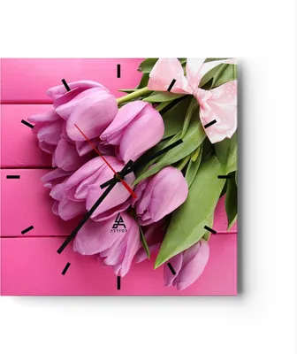 Produktbild von Wanduhr - Quadrat - Glasuhr - Tulpen Blumenstrauß Garten - 30x30cm - Schleichendes Uhrwerk - Lautlos - zum Aufhängen bereit - Dekoration Modern - Wanddekoration aus Glas - C3AC30x30-2722