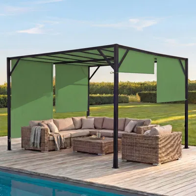 Obrázok produktu pre Pergola Baia, zastrešenie terasy záhradného pavilónu, robustný 6cm oceľový rám + posuvná zelená strecha ~ 4x4m