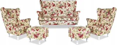 Produktbild von Family Meble Set aus Sofa + 2 Sessel + 2 Hocker Print 2-Sitzer Sofa Couch Freistehendes Lounge Sofa Bequem zum Entspannen Wohnzimmer Büro (ROSE 01)