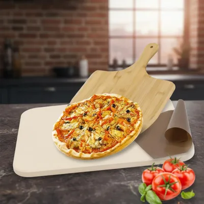 Produktbild von Pizzastein SET 4tlg. Backstein Steinofen Schaufel Rezeptbuch 30x38cm Cordierit