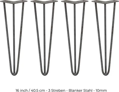 Produktbild von SKISKI Legs 4 x 3 Streben Hairpin-Legs Haarnadelbeine Haar-Nadel-Beine Haarnadel-Beine Tischbeine Möbelfüße Stuhlbeine Möbelbeine Haarnadel-Tischbeine 40,5cm H 10mm D Rohstahl