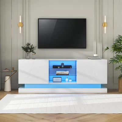 Immagine prodotto di Mobile TV per televisori da 70 pollici, mobile TV bianco da 160 cm in pannello truciolare con ante, ripiano regolabile e sistema di gestione dei cavi